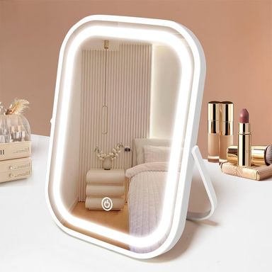Travel Makeup Mirror with Lights, Portable Small Beauty LED Vanity Mirror with Lights, 1200mAh Battery, Dimmable Touch Screen, Tabletop Folding Compact Mirror,Women Gift White 8"L x 6"W