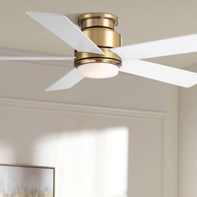 Casa Vieja 52" Grand Palm Modern Indoor Outdoor Ceiling Fan 5 Blade LED Light Remote Control Soft Brass Finish White Wood Blades Bedroom Patio Living Room Kitchen Porch Hugger Damp Rated Flush Mount