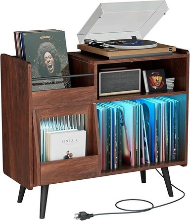 Amazon.com: MULEJYBO Large Record Player Stand with Sliding Door,350 Vinyl Record Storage Cabinet, Record Player Table with Power Outlet and LED Light,Turntable Stand with Wood Legs for Living Room,Office : Electronics