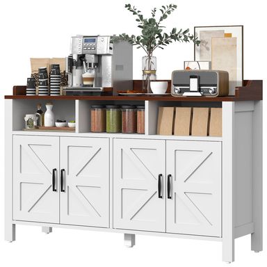 Buffet Cabinet with Storage Farmhouse with 4 Doors and 3 Open Compartments, 55'' Large Kitchen Storage Cabinet White Wood Coffee Bar Buffet Sideboard for Kitchen, Dining Room, Living Room White/Wood