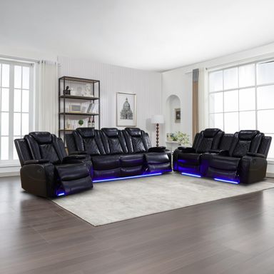 Power Recliner Sofa Set with LED Lights,Leather Reclining Sofa with USB Port/Storage Console/Cup Holder,3 Piece Reclining Living Room Set for House/Home Theater(3 Piece Set,Black)