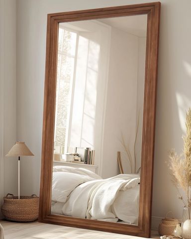 Full Length Mirror, 76"×34" Wooden Mirror Full Length with Stand Wood Floor Mirror, Oversized Stand Up Mirrors Large Wall Mirror, Wall Mounted Mirrors, Rect Vintage Style, Browm