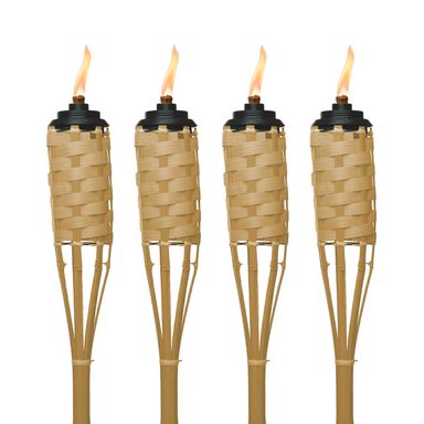 Bamboo Tiki Torches 4-Pack – Weather-Resistant Outdoor Décor with Easy-Pour Wide-Mouth Canister Refill for Patio, Garden, Backyard, and Parties, 57-Inch Citronella Torches