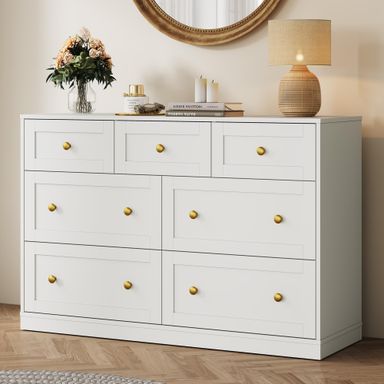 RoyalCraft 7 Drawer Dresser, 47'' Wide Modern Chest of Drawers with Gold Knobs, Wooden TV Stand Storage Organizer for Bedroom, Living Room, Entryway, White