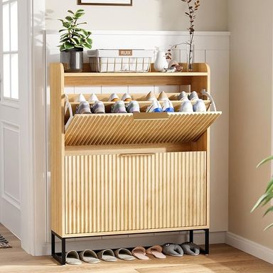 Amazon.com: VINGLI Fluted Shoe Cabinet Storage for Entryway,Hidden Shoes Storage Cabinet with 2 Flip Drawers, Mid Century Modern Shoe Rack Organizer,Free Standing Shoes Organizer for Hallway(Natural Oak) : Home & Kitchen