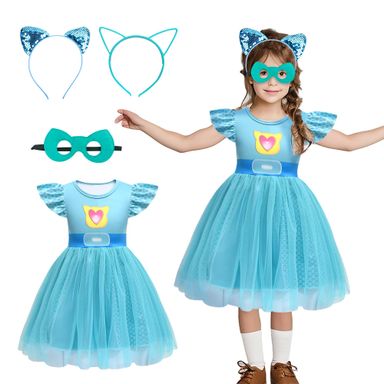 Tulle Mesh Cosplay Dresses Kitties Costume with Headbands and Mask For Birthday Halloween Christmas For princess 6-7T Blue Green
