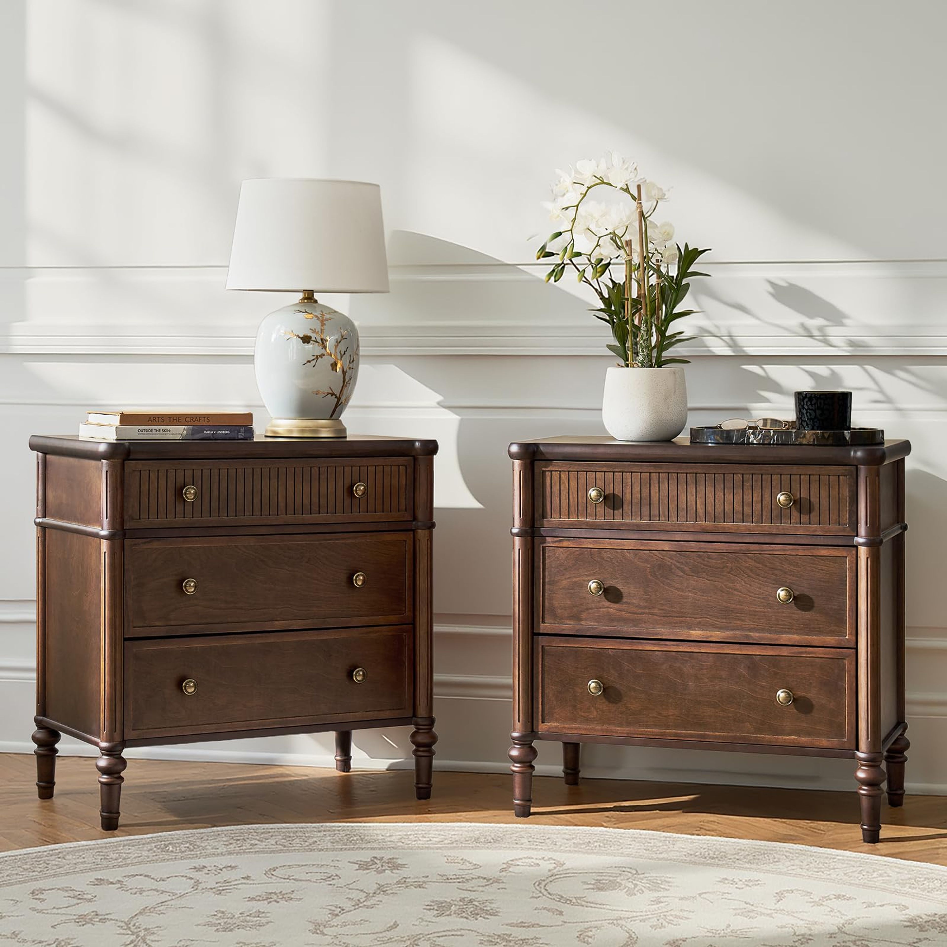 Walnut Fluted Nightstand Set of 2 with Charging Station | HULALA HOME