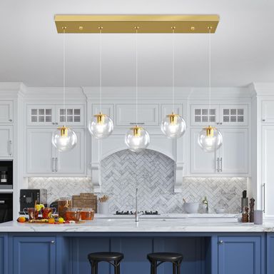 5-Lights Modern Rectangle Chandelier Globe Pendant Light,Gold Linear Globe Chandeliers for Dining Room and Kitchen Island R Gold-Clear glass Rectangle 5-Lights