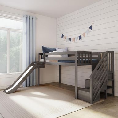 Max & Lily Twin Size Low Loft Bed with Slide and Stairs, Classic Solid Wood Kids Bedroom Furniture, 400 lbs Weight Capacity, 14" Safety Guardrail, Anti-Slip Steps, Clay Clay Low Loft + EZ Slide + Stairs