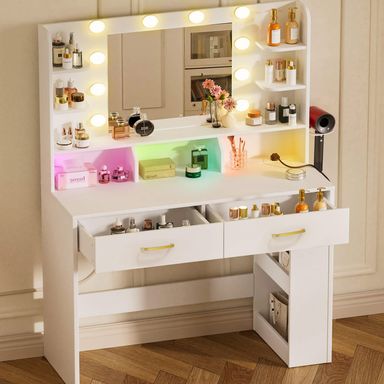COMHOMA Vanity Desk with Lighted Mirror and Power Outlet, RGB LED Lights Makeup Vanity Set for Girls, Large Storage Capacity Dressing Table for Bedroom, 3 Lighting Modes Adjustable Brightness, White Pure-white