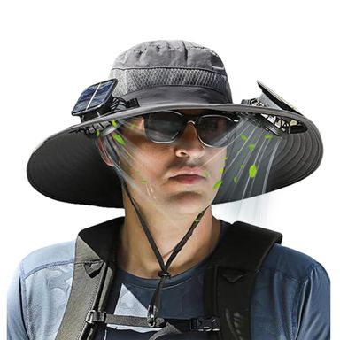 Solar Fan Hat, Wide Brim Solar Fan Outdoor Fishing Hat with 2 Fans Solar Power, Waterproof Outdoor Hiking Camping Fishing Hat Grey