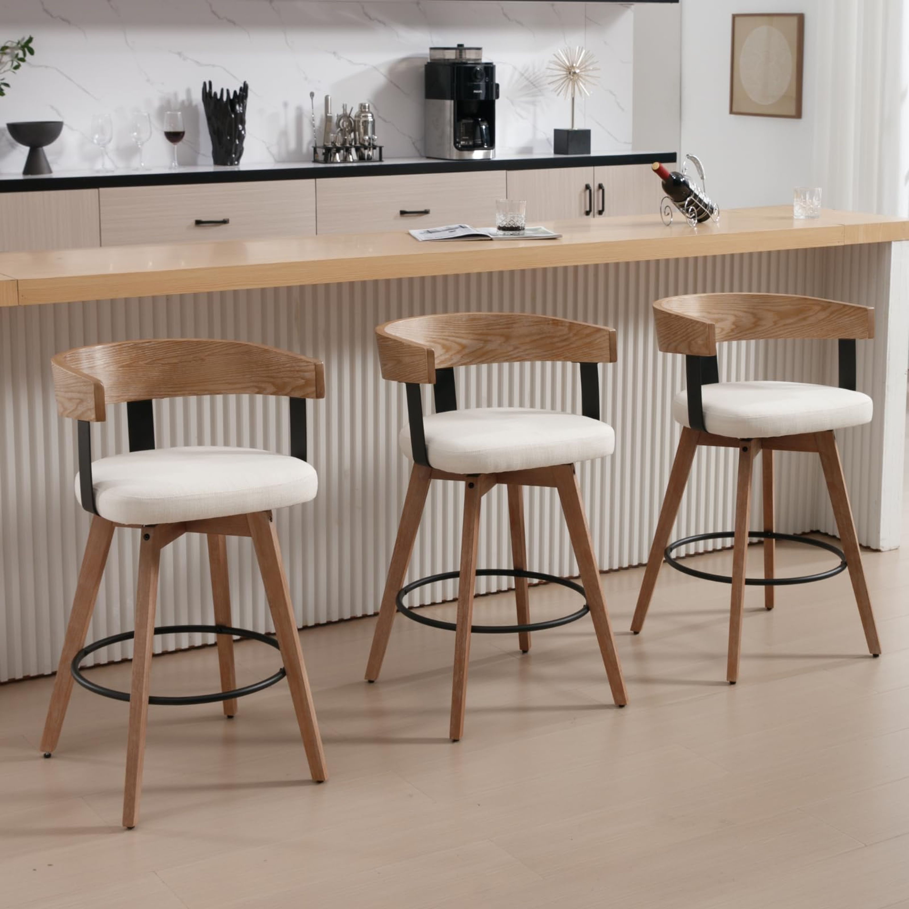 Mid-Century White Linen Bar Stools Set of 3, 26" Swivel Counter Height