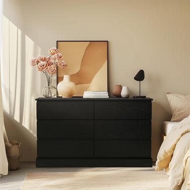 Black Dresser with 6 Drawers Modern Dresser for Bedroom Freestanding Wood Dresser Wide Chest of Drawers with Sturdy Base Storage for Living Room, Hallway, Entryway