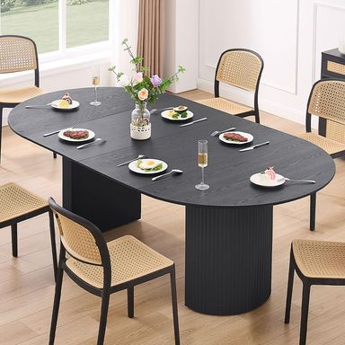 WILLIAMSPACE 86.61" Wood Extendable Dining Table for 6 to 8, Modern Oval Kitchen Table with Wooden Pedestal Base, Mid Century Large Round Dining Room Table Furniture, Easy to Assemble, Black 86.61" Black