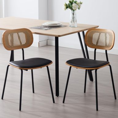 Mid-Century Dining Chairs Set of 2, PU Leather Side Chairs with Rattan Backrest Metal Legs Armless Guest Chairs Kitchen Chairs for Dining Room Living Room, Black