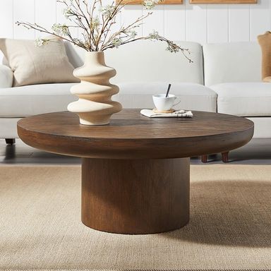 Round Wood Coffee Table for Living Room Modern Circle Coffee Table Pedestal Center Table for Apartment, Easy Assembly Brown 35.98inch Brown