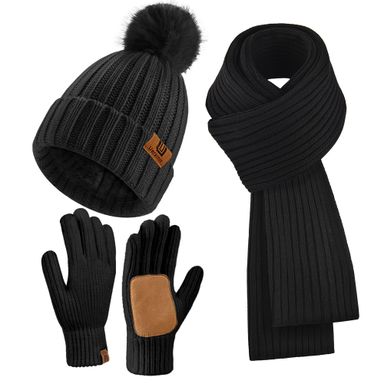 Womens Winter Beanie Hat Scarf Gloves Set Warm Knit Beanie with Pom Pom Long Scarf Touchscreen Gloves 3 in 1 Set Black