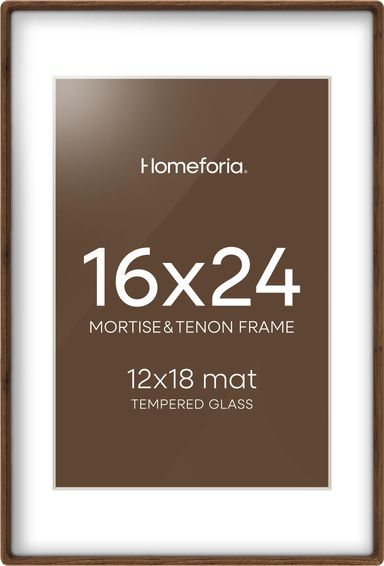 Homeforia 16 x 24 Picture Frame Brown, Mortise & Tenon Walnut 16x24 Wooden Poster Frames with Mat 12x18 for Wall, 24x16 Dark Wood Frames Matted to 12 by 18 inch Art, Tempered Glass, Wall Kit, Set of 1 Pack of 1 Walnut 16X24