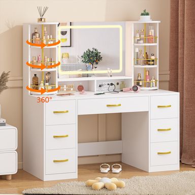 Vanity Desk with LED Mirror and 360 Rotating Makeup Organizer Shelves, White Makeup Vanity with Lights & Charging Station, Large Vanity Table with 6 Storage Drawers Bedroom Makeup Desk for Women Girls White Vanity