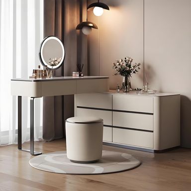 Leather Vanity Desk - Luxury Makeup Vanity with 8 Drawers and Rock Slab Countertop, Modern Solid Wood Vanity Set Include Makeup Chair & Mirror and LED Light, for Bedroom (Beige Gray,39.37'')