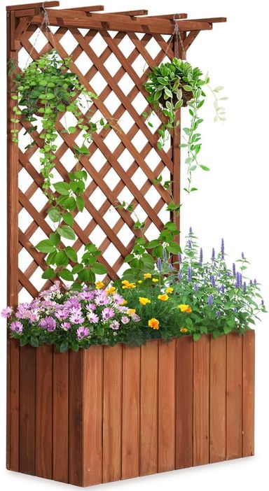 Quictent Raised Garden Bed Wood Planter Box with Lattice Trellis for Vine Climbing Plants Flower Free-Standing, for Patio Garden Indoor Outdoor 25x12x48 in 25x12x48 in Modern Brown