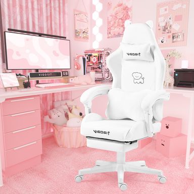 Cute Gaming Chair with Lumbar Cushion and Decorated Ears, Ergonomic Computer Chair with Footrest, Reclining PC Game Chair for Girl, Teen, White Dog White