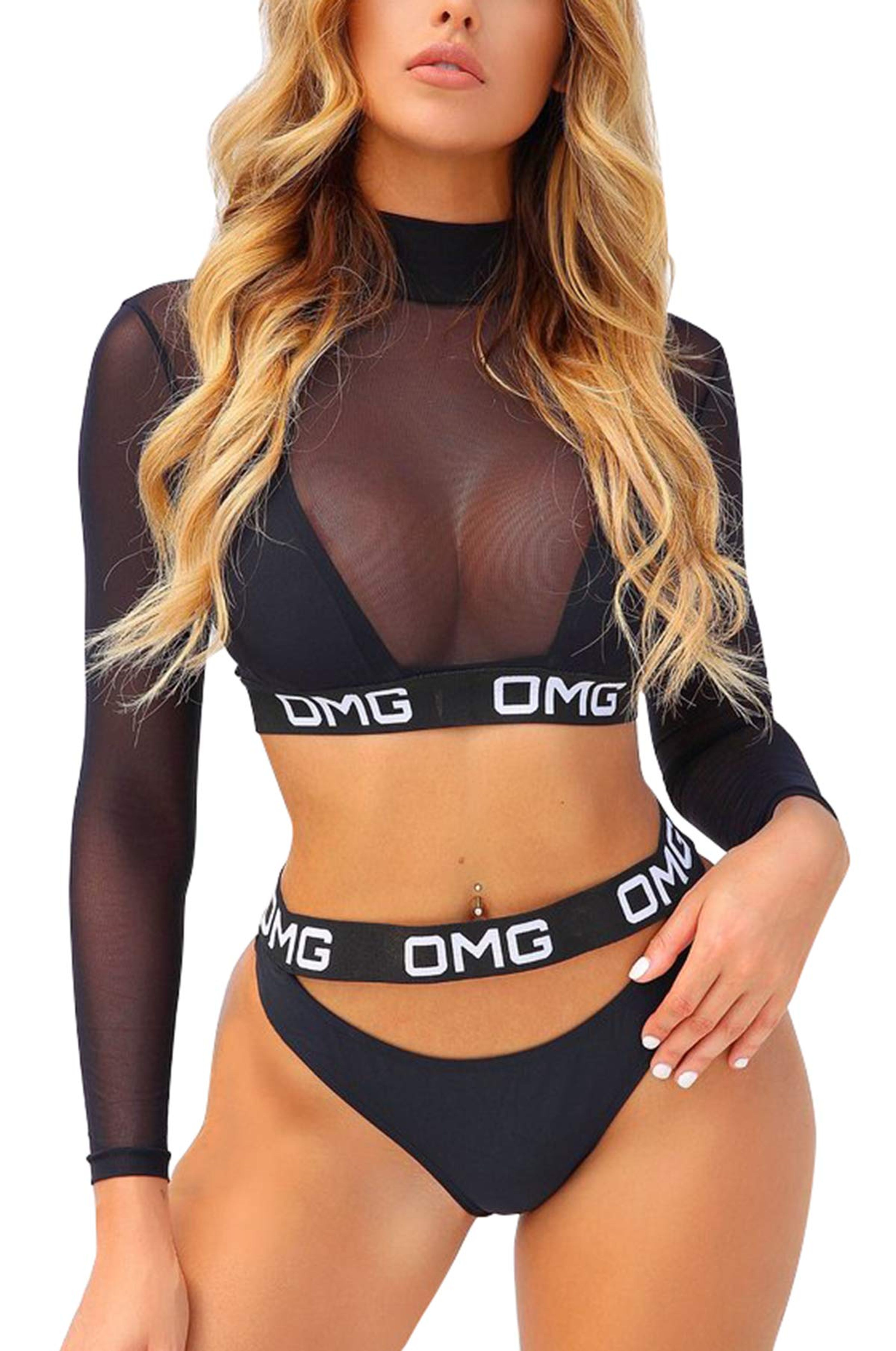 Traje de Baño 3 Piezas Mujer OMG Estampado Negro Cuello Alto