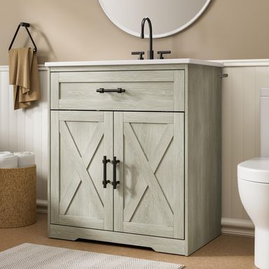 Amada 30″ Bathroom Vanity with Ceramic Sink, Farmhouse Undermount Vanity Sink Cabinet with 2 Doors and 1 Drawer, Free Standing Bathroom Storage Cabinet with Sink Combo Set, Grey
