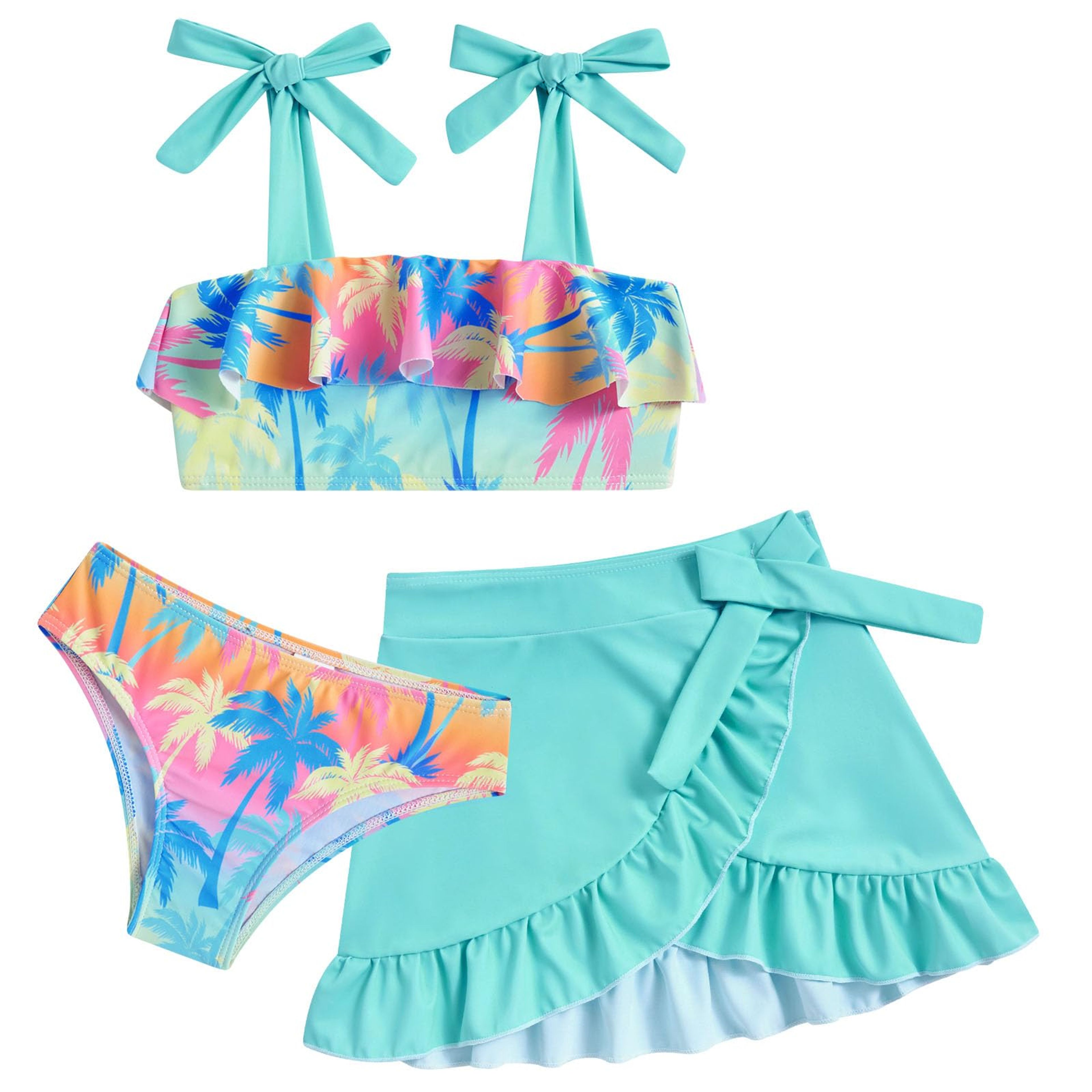 ALISISTER Girls 3-Piece Palm Tree Swimsuit with Skirt, Ages 3-8