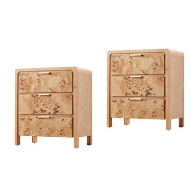 Burl Finish 3 Drawer Nightstand Set of 2, Wood Rustic Farmhouse Dresser Chest of Drawer, Vintage Accent Storage Bedside Table for Bedroom, Fully Assembled, Natural 3 Drawer Natural 2