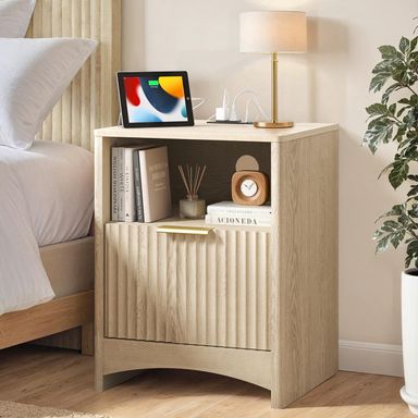 Marsail Fluted Nightstand with Charging Station, Adjustable Bedside Table with USB & AC Ports, 1 Drawer End Table, Wood Grain Finish, Sleek Wide Handle, Perfect for Bedroom, Natural Oak Modern Natural Oak 1 Pack