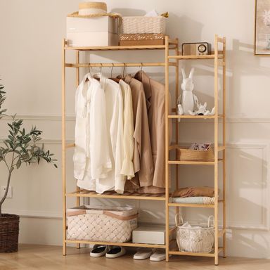 Bamboo Clothing Garment Rack, 8 Tier Clothes Storage Hanging Rack, Portable Wardrobe Closet Organizer With Top Shelf, Shoe Storage Shelves for Bedroom Natural 3 - 39.37 in