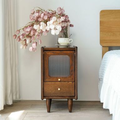 Mid Century Modern Narrow Nightstand with Drawers, Solid Wood Oak Bedside Table, Side Table, 11.81 W x 15.75 D x 21.26 H Inches, Walnut Walnut 11.02 inches