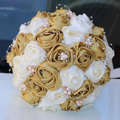Handmade Rhinestone Brooch Satin Bridal Bouquet,7.5inch Crystal Wedding Round Tossing Bouquet,Artificial Flower Bunch with Diamond Pearl Ribbon Gold+Ivory
