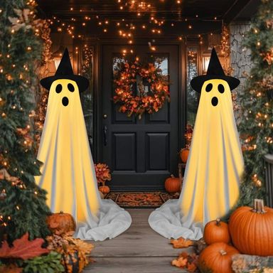 Halloween Decorations Outdoor Indoor, 2 Pack Spooky Ghost with Witch Hat, Scary Ghost Decorations with LED String Lights, Terrifying Halloween Decor for Home Outside Porch Garden Yard Lawn Party