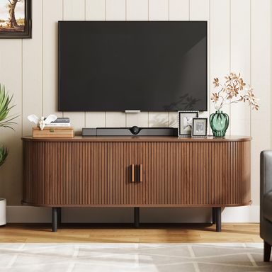 55" TV Stand with Power Outlet for TVs up to 60 Inch, Entertainment Center with Storage and Adjustable Shelves, Modern Media Console with Sliding Doors for Living Room, Walnut 55 Inch Walnut