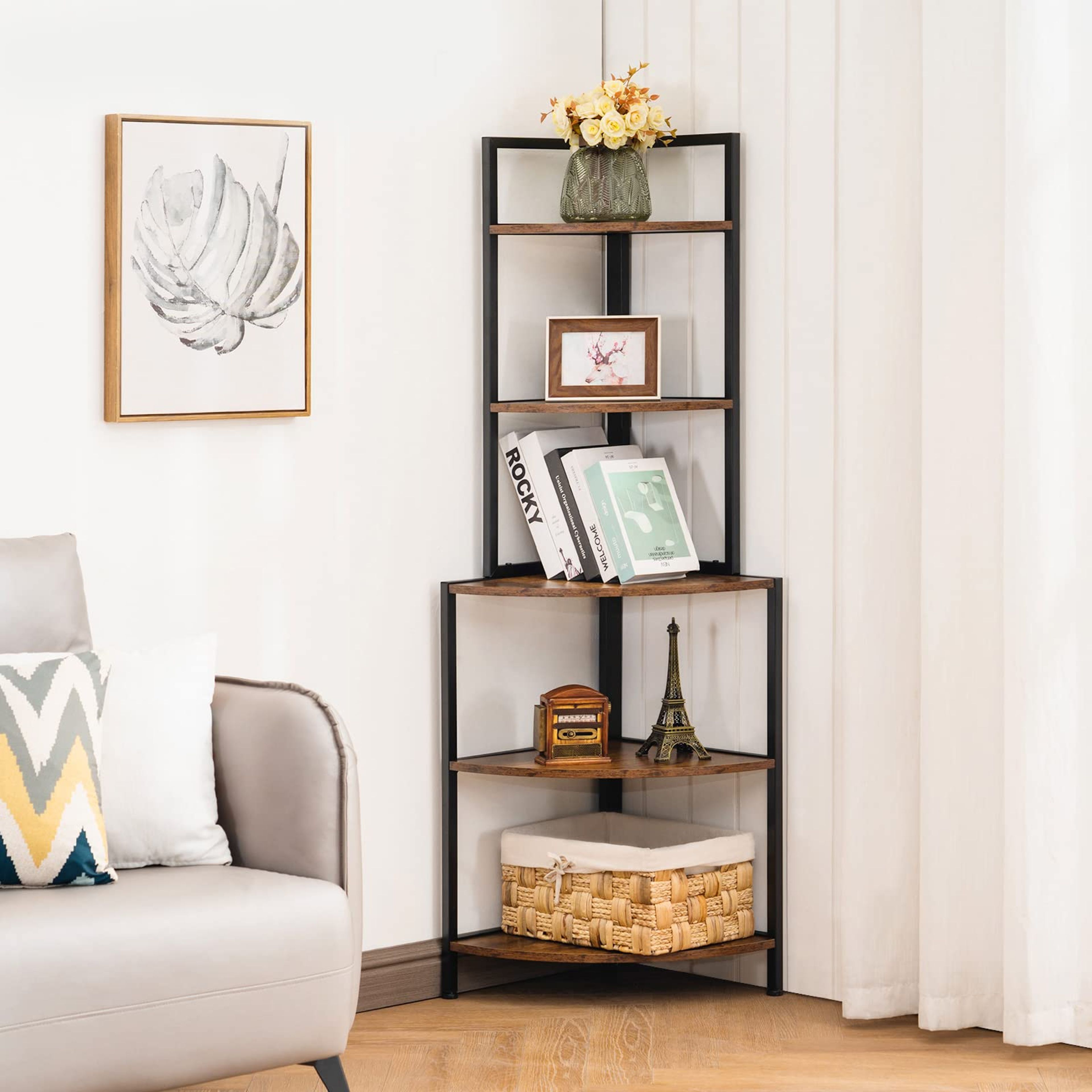 Apicizon 5-Tier Industrial Corner Shelf, Rustic Brown Storage