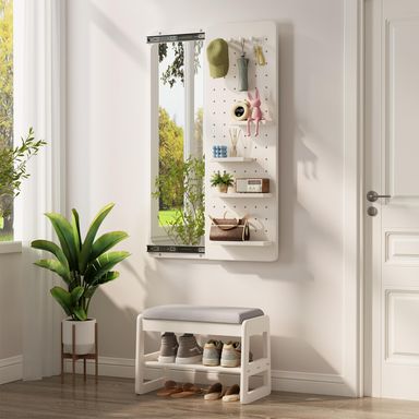 KungFuWood Full Length Mirror with Shelf and Hooks,Entry Way Mirrors for Wall,Wall Mirror with Shelf,Wall Mirror with Storage Multifunctional Design Panel,Living Room White 52.4"L x 19"W