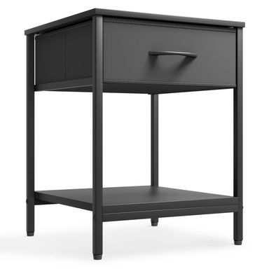 Athena Collection Single Drawer Nightstand Chest Storage with Open Shelf, End Table with Drawer, Bedside Table with Steel Frame for Bedroom, Dorm, Living Room, Hallway, Black