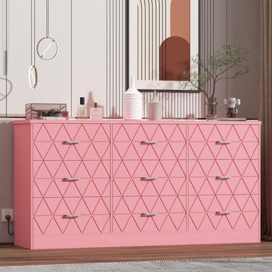 9 Drawer Dresser for Bedroom, Pink Dresser with Power Outlet, 63'' Wooden Modern Chest of Drawers for Closet, Storage Organizer for Living Room, Hallway, Bedroom, Pink