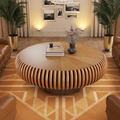 Fluted Drum Coffee Table Round Coffee Table for Living Room Mid Century Modern Coffee Tables with Sturdy Pedestal Circle Center Tea Table Accent Tea Table for Small Space Apartment (31.5" Brown)