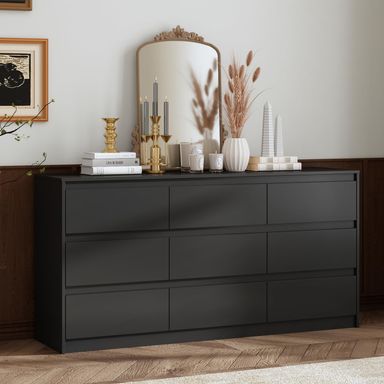 Hitow Dresser for Bedroom with 9 Deep Drawers, Large Modern Chest of Drawers Handle Free, Freestanding Black Long Dressers for Closet Living Room, Ball Bearing Slide (63" W x 15.7" D x 31.5" H) Dark Black-ball Bearing Slide