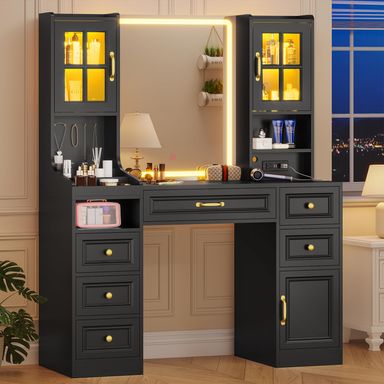 BTHFST Black Vanity Desk with Touch Screen Mirror and Lights & Charging Station, Large Makeup Vanity with RGB Light Cabinets, 6 Drawers, 5 Jewelry Hooks, Vanity Table with Lighted Mirror Modern Black
