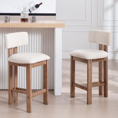 26” Counter Stools Set of 2 Counter Height Bar Stools with Back and Solid Wood Legs Modern Farmhouse Linen Upholstered Kitchen Bar Stools Countertop Bar Chairs, Beige