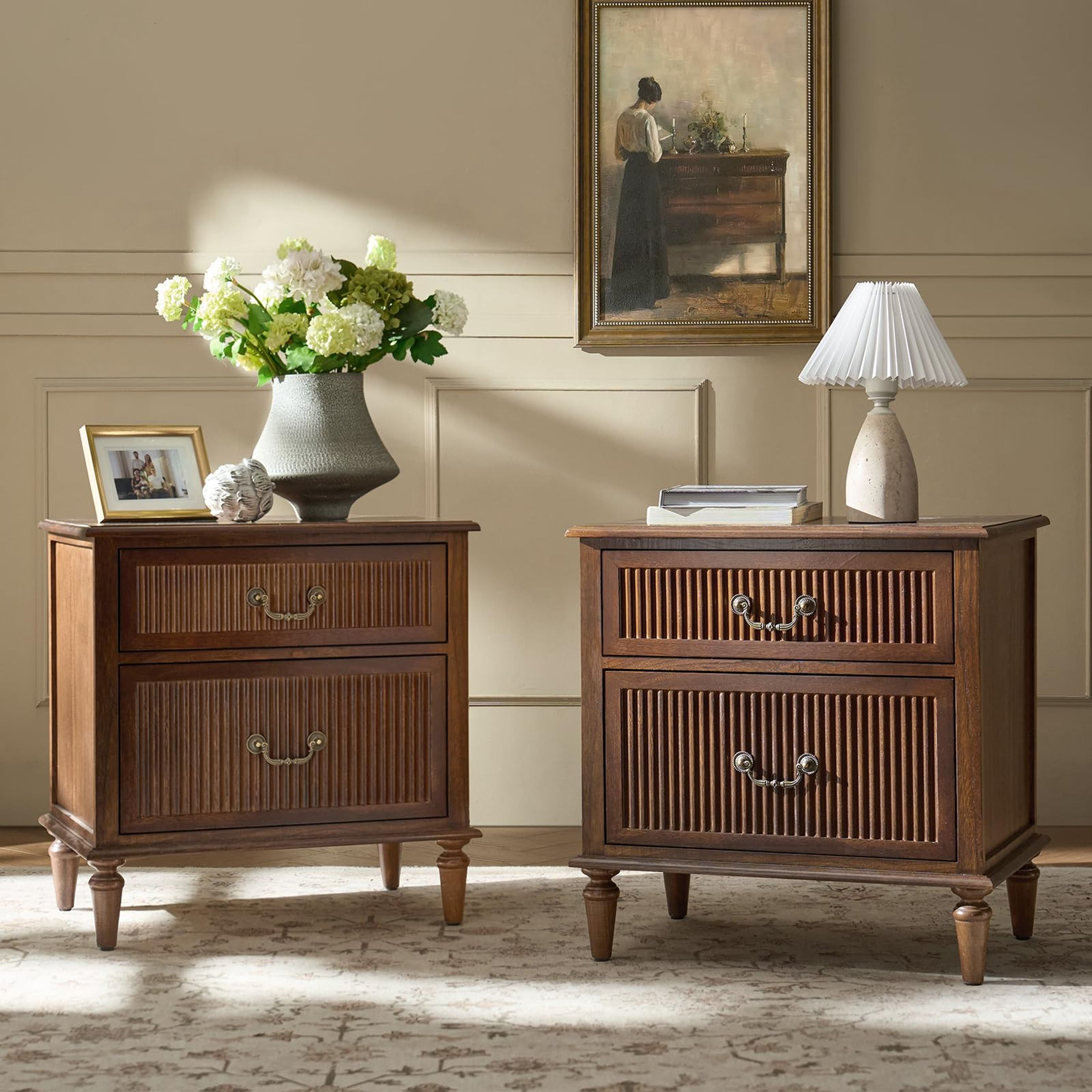 HULALA HOME Walnut Nightstand Set of 2 with Charging Station & Drawers