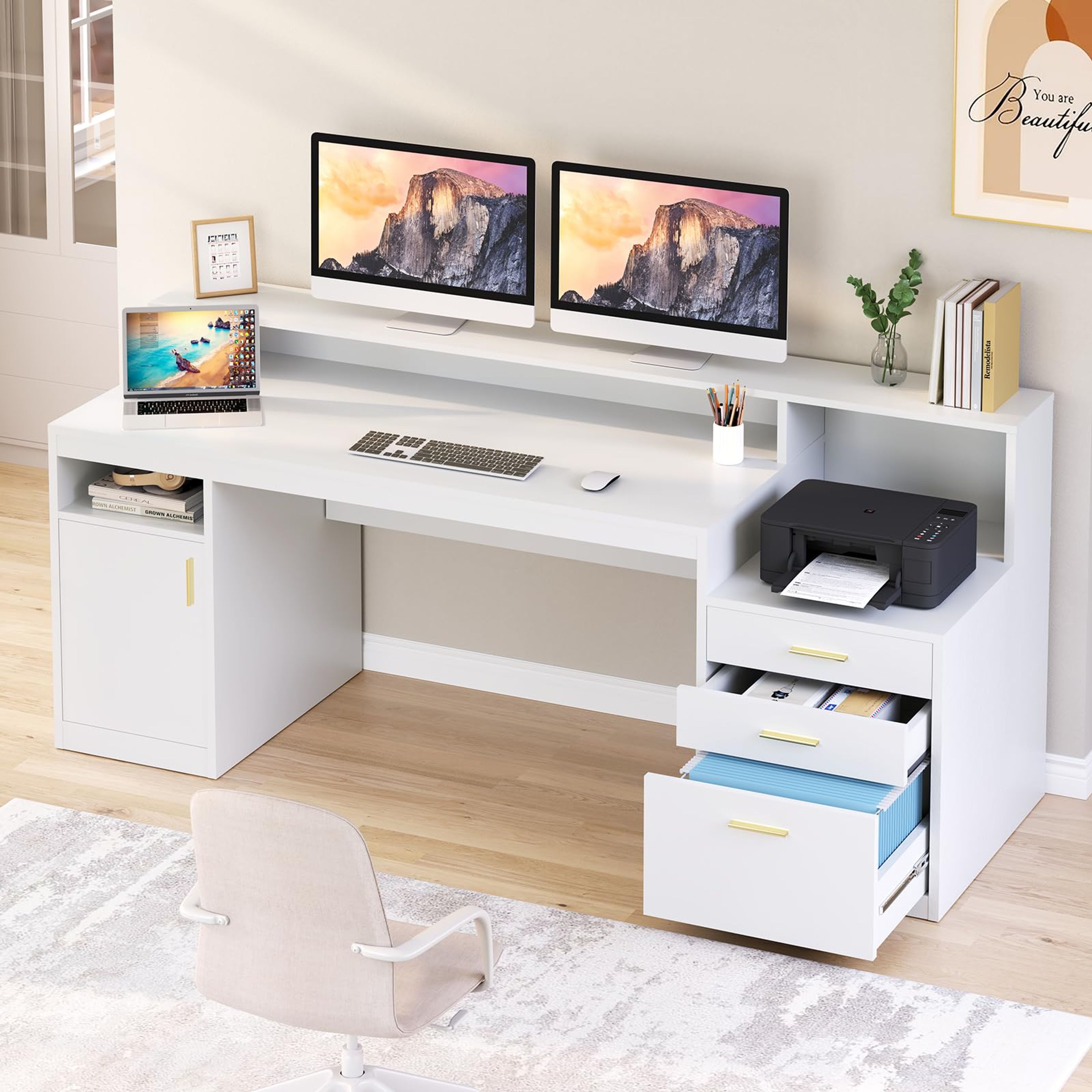 65 Inch White Computer Desk with 3 Drawers & Storage Shelves