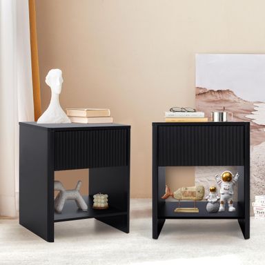 Modern Night Stand Set 2 with Drawer, Black Nightstand for Bedroom, Small End Table with Storage, Living Room/Bed Side Table with Drawer for Small Spaces, Fluted Cabinet Wood Nightstand