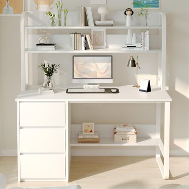 White Desk with Hutch, 60 Inch Computer Desk with 3 Drawers for Bedroom, Study Writing Desk with Shelves for Small Places, Adjustable Feet