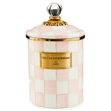 MACKENZIE-CHILDS Medium Enamel Canister, Kitchen Storage Container for Flour and Sugar, 1.42 Liters, Pink-and-White Rosy Check