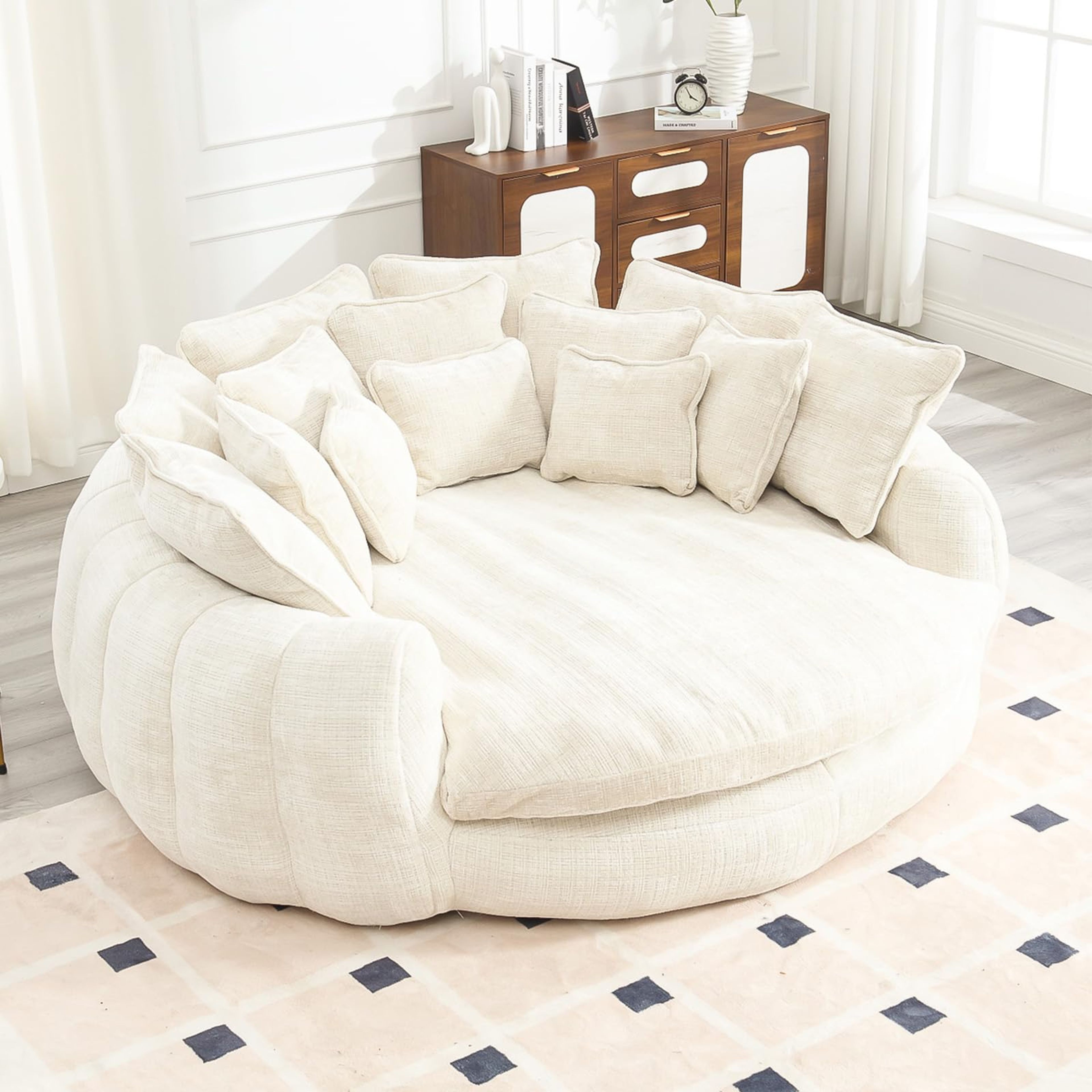 81" Oversized Round Chaise Lounge Chair, 2-Person Wide Accent Sofa with 14 Pillows (White)